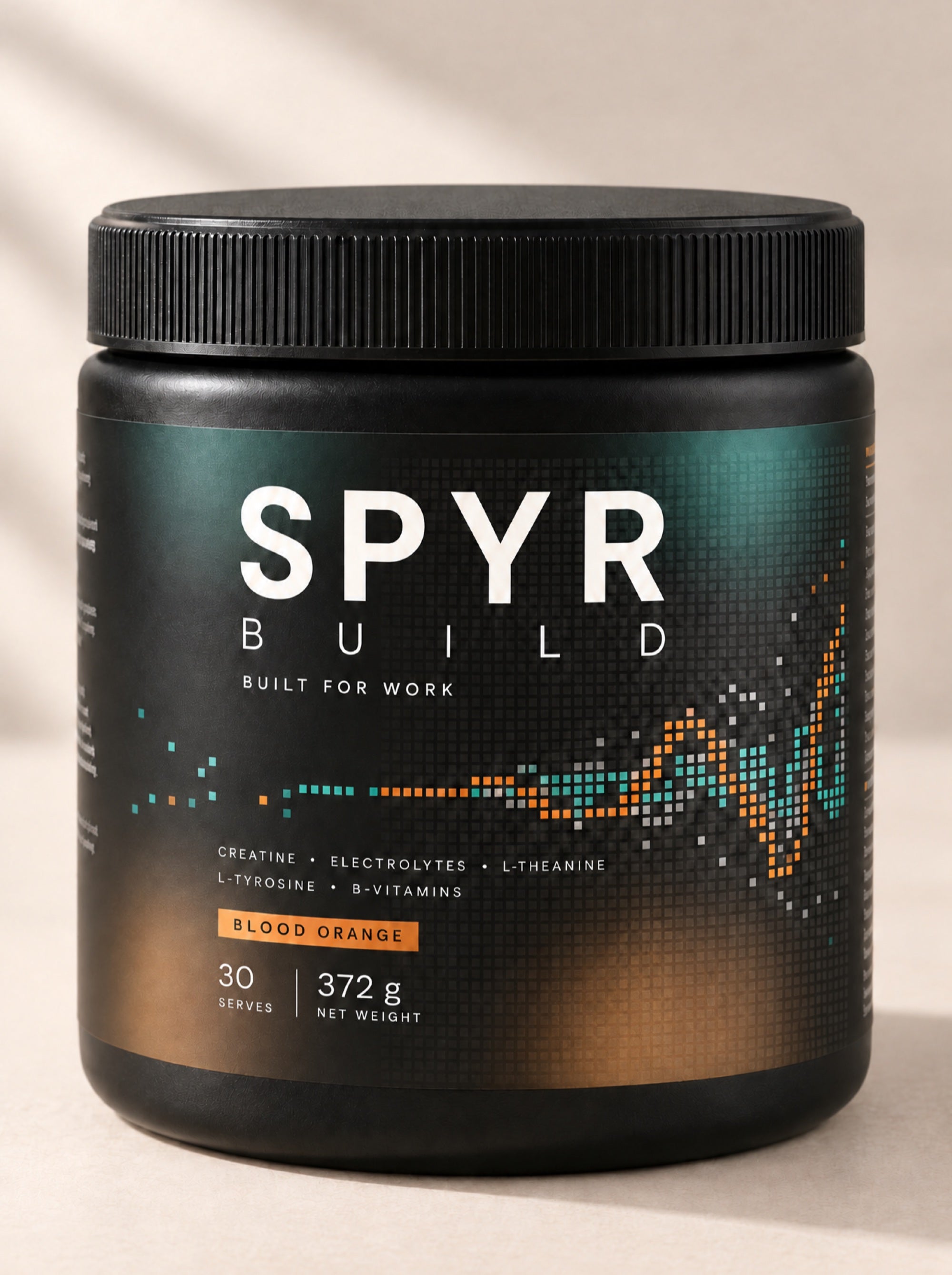 The Spyr Build tub: matte black, Blood Orange, 30 serves, 372g.