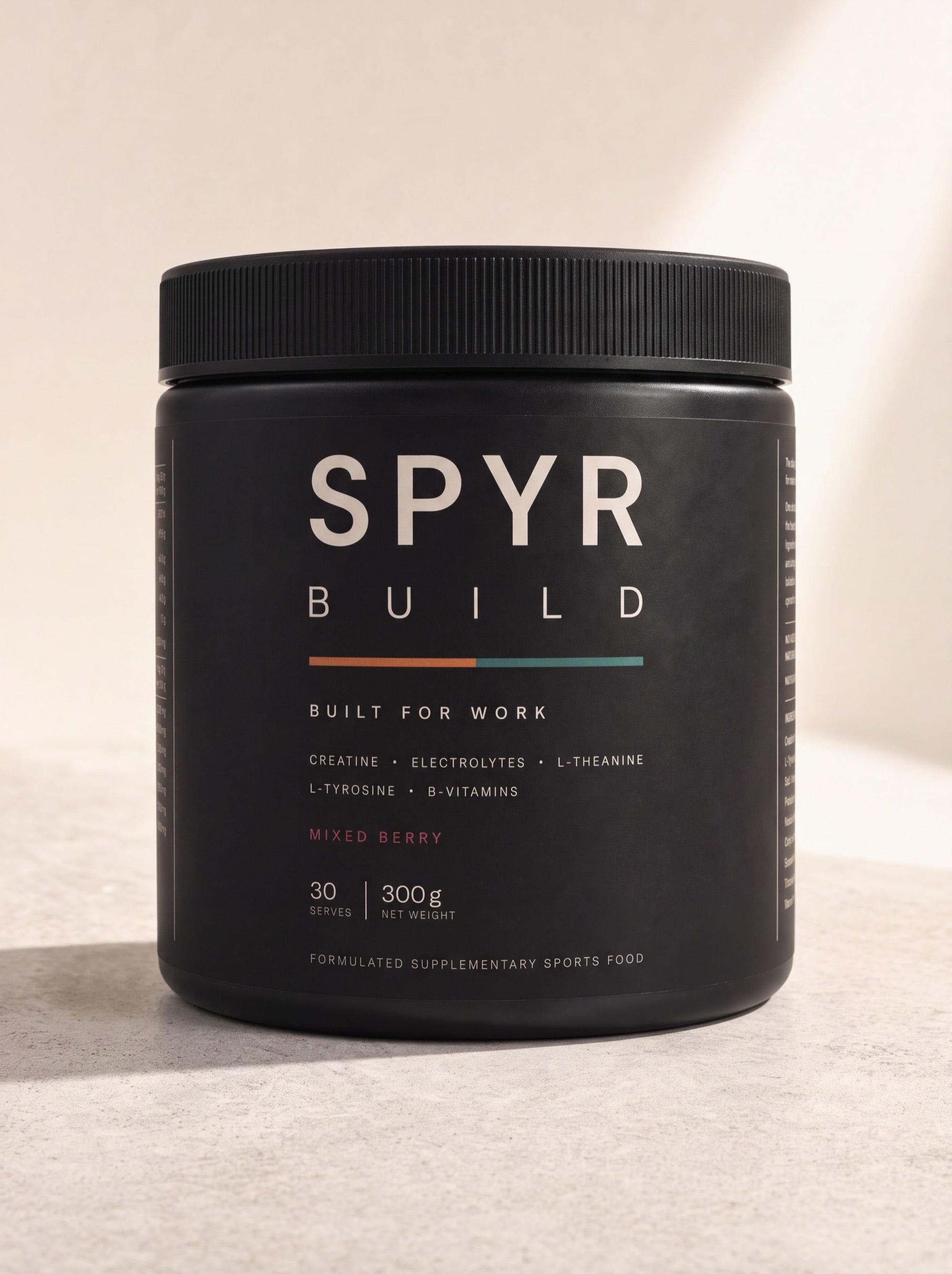 The Spyr Build tub: matte black, 300g, 30 serves, mixed berry.