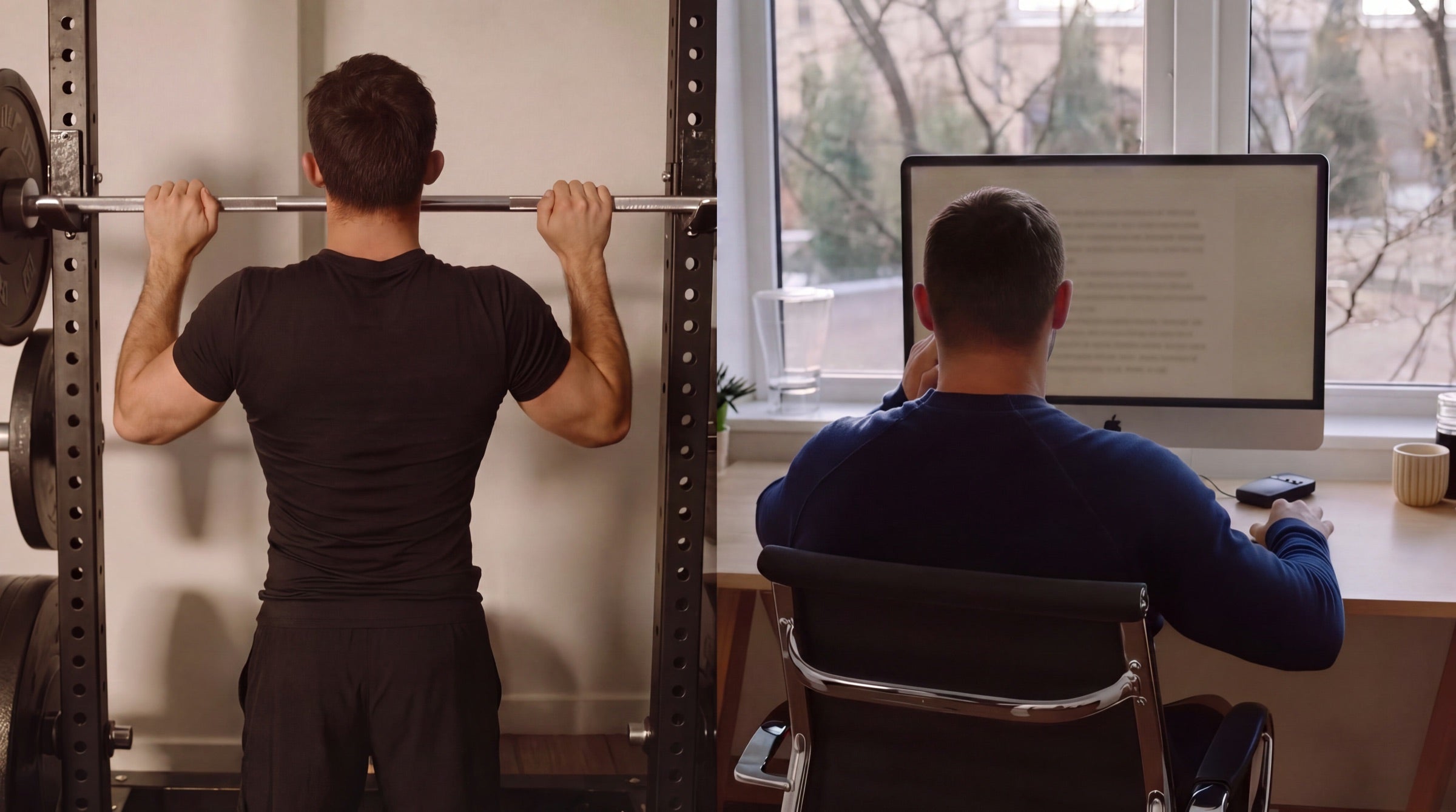 The same man mid-set at a squat rack and, in the other half of the frame, at his desk.
